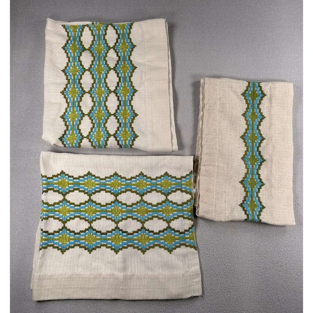 VTG JC Penny Embroidered Cafe Curtains & Valance Set Blue Green MCM 70's Groovy